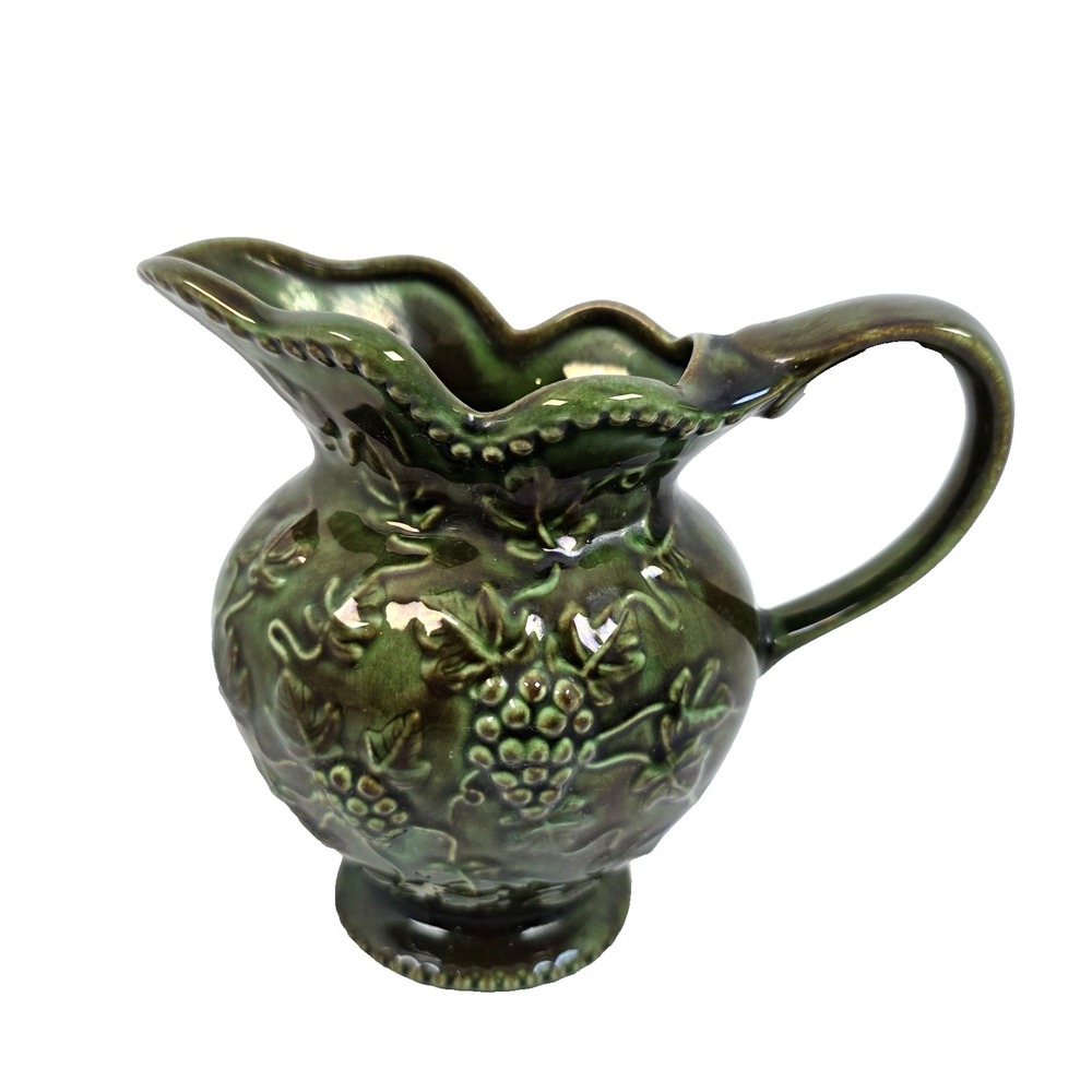 Vtg Signed Ceramic Pitcher Green Majolica Style Jug Dark Academia Cottagecore 6" - Picture 5 of 6